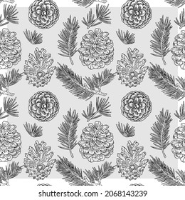 
A pattern of Cones and fir branches drawn with a black line. The form is transparent. You can change the color of the pattern and background.