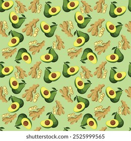 A pattern consisting of avocado and ginger. The illustration is made on a background in light green color, which is in harmony with the color scheme of the avocado.