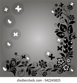 pattern consisting of flowers and butterflies on a gray background