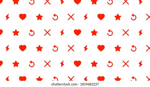 A pattern consisting of red stars, lightning bolts, hearts, crosses and arrows isolated on a white background. Pattern in the style of a Dating site. Vector illustration