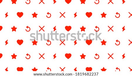 A pattern consisting of red stars, lightning bolts, hearts, crosses and arrows isolated on a white background. Pattern in the style of a Dating site. Vector illustration