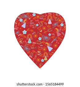 A pattern consisting of small details, leaves, flowers, angels and additional elements collected in a heart frame, red background, vector