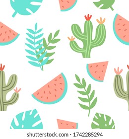 The pattern consists of cactus, watermelon and leaves in pastel shades. Pattern for textile and wallpaper.