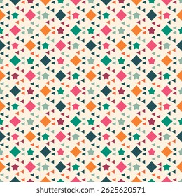 Pattern consists of diamonds, stars, and triangles in various colors, including pink, orange, green, and navy. These shapes are arranged in a repeating pattern against a light beige background.