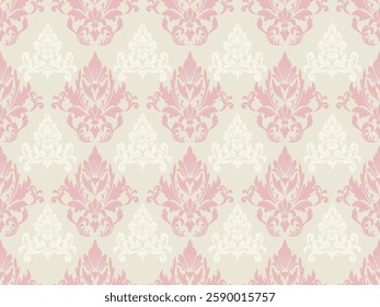 The pattern consists of floral patterns, pink and off-white. The patterns are arranged symmetrically, alternating, creating a beautiful and balanced pattern. Suitable for use on fabric or wallpaper.