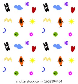 Un patrón consiste en corazones, cohetes, caras de sonrisa y algunos de los iconos geométricos.
