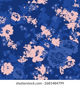 The pattern consists of large peonies and blooming flowers, alternating with leaf arrangements. The blue and beige flowers are set against a dark blue background and light blue leaves.