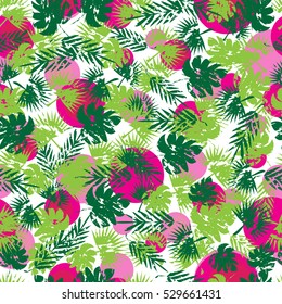 The pattern consists of the leaves and branches of tropical trees, leaves, branches, greenery.Elegant, inspiring wallpaper of greenery in the background colored circles.Suitable for boys and girls