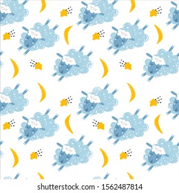 The pattern consists of sheep, moon, and stars. It can be used for printing on fabric, packaging paper, and decorating children's rooms. The pattern is drawn in the Scandinavian style. Isolate. Vector