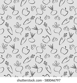 The pattern consists of vegetables, carrots, garlic, radish, Buriak, greenery. It can be used for advertising, your design, invitation, rear backgrounds. Seamless illustration. 