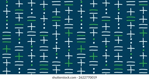 Das Muster besteht aus vertikalen Symbolspalten, einschließlich Pluszeichen, kurzen horizontalen Linien und Punkten. Blauer Hintergrund. Vektorgrafik für den Druck.