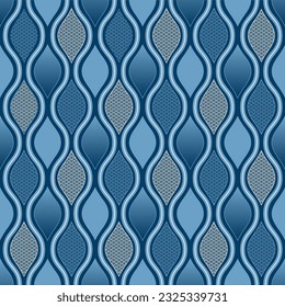The pattern consists of vertical wavy lines representing the steam and waves of the blue sea. Blue Asian pattern. wallpaper and wrapping paper background