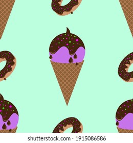 Pattern with the constituent elements of which ice cream and donuts are watered with chocolate icing and decorated with multi-colored powder. Vector graphics.