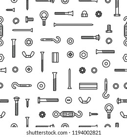 Pattern construction hardware, screws, bolts, nuts and rivets. Equipment stainless, fasteners, metal fixation gear on seamless pattern background