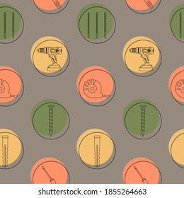 Pattern from construction tools. Icons. Drilling machine, drill, screwdriver, self-tapping screw, dowel, tape measure. Power tools, hammer drill.