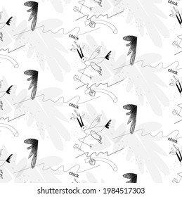 the pattern contains the image of a bird, leaves and branches