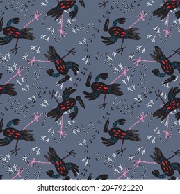 The pattern contains the image of black crows and bird tracks.
