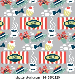 The pattern contains images of a cake, a cupcake with a cherry, a cup of coffee, a flower pot, a bow tie, a "cafe" sign, a awning, and a paving stone.