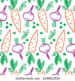 The pattern contains images of carrots, beets, basil leaves and peas.