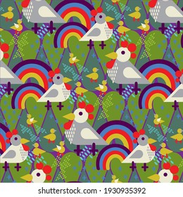 The pattern contains images of cockerels with bright tails and chickens.