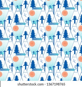 The pattern contains images of coniferous trees, mountains, concentric circles of the sun, wavy lines of water, birds and flowers.