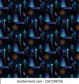 The pattern contains images of coniferous trees, mountains, concentric circles of the sun, wavy lines of water, birds and flowers.