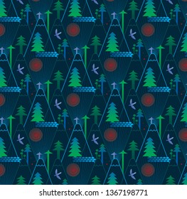 The pattern contains images of coniferous trees, mountains, concentric circles of the sun, wavy lines of water, birds and flowers.