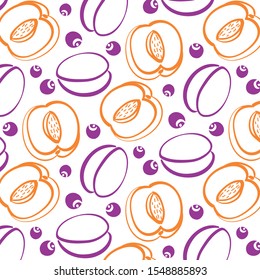 The pattern contains images of cut peaches, plums and blueberries.