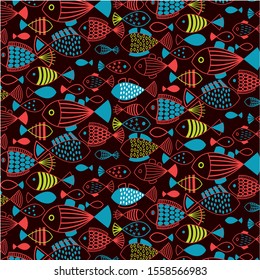 The pattern contains images of decorative colored fish with a variety of stripes, polka dots and crosses.
