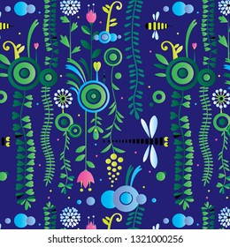 The pattern contains images of dragonfly, bee, flowers, herbs, plants, green and yellow circles and rings.