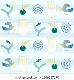 The pattern contains images of eyes, plants, berries, hands, birds on a background of stripes.