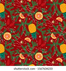 The pattern contains images of fir branches, orange slices, cones, pineapples, stars and garlands.