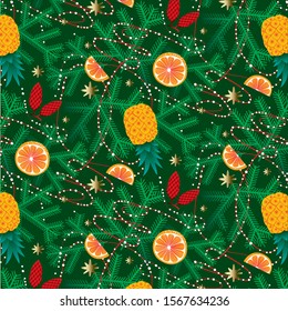 The pattern contains images of fir branches, orange slices, cones, pineapples, stars and garlands.