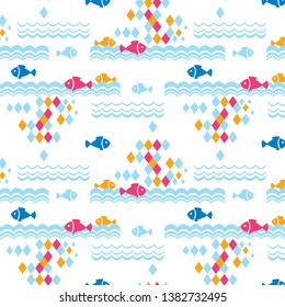 The pattern contains images of fish, waves, diamonds.
