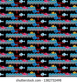 The pattern contains images of fish, waves, diamonds.
