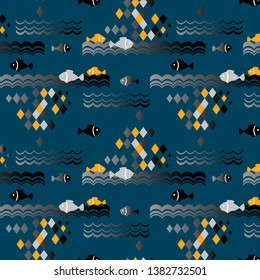 The pattern contains images of fish, waves, diamonds.
