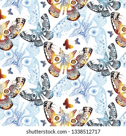 The pattern contains images of fluttering butterflies. The wings of the butterflies are decorated with a pattern of brown, blue and black colors.