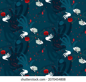 The pattern contains images of hands, red flowers, red petals.