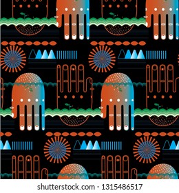 The pattern contains images of hands, wavy lines, flowers, sprouts, triangles and rings.