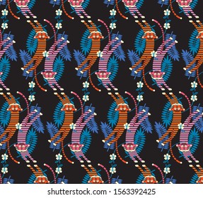 The pattern contains images of jumping tigers, leaves and flowers of tropical plants.