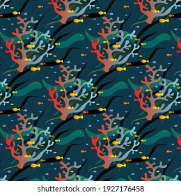 The Pattern Contains Images Moray Eels, Fish, Algae And Corals. 