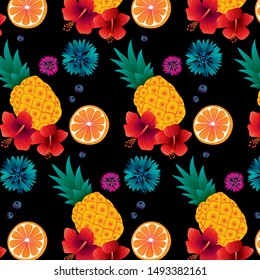 The pattern contains images of pineapples, citruses, flowers and berries.
