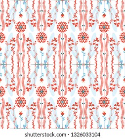The pattern contains images of plants, herbs, flowers, leaves, stems and dragonflies.
