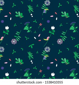 The pattern contains images of plants, herbs, leaves, flowers, snails, drops and petals.