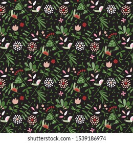 The pattern contains images of plants, herbs, leaves, flowers, snails, petals.
