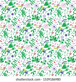 The pattern contains images of plants, herbs, leaves, flowers, snails, petals.