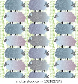 The pattern contains images of sheep. Sheep stand on each other. Between the rows of sheep are plants.