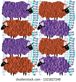The pattern contains images of sheep. Sheep stand on each other. Between the rows of sheep are plants.