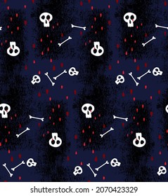 The pattern contains images of skulls, red drops, bones and pencil stroke textures.