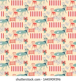 The pattern contains images of a summer street cafe, a table, chairs, a cup of coffee, paving stones, an awning, a fence and a flowerpot.